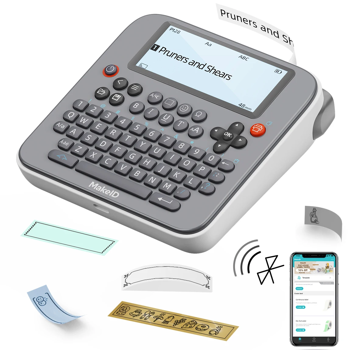 Makeid E1 Portable Label Maker - Bluetooth Compatible Thermal Printer - QWERTY Keyboard, 4.42" LCD Screen - Prints 9mm12mm16mm