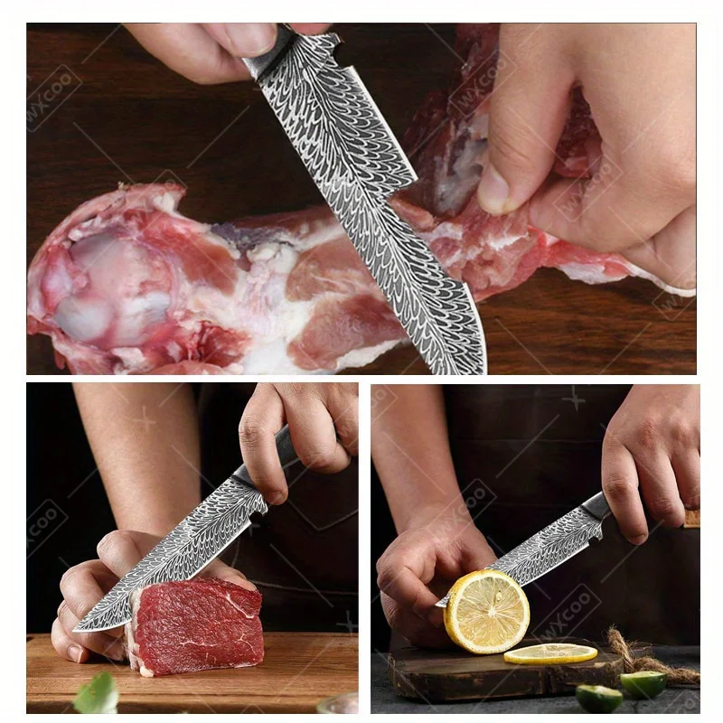 Portable Damascus Steel Utility Knife with Shadow Laser Pattern - Image 3