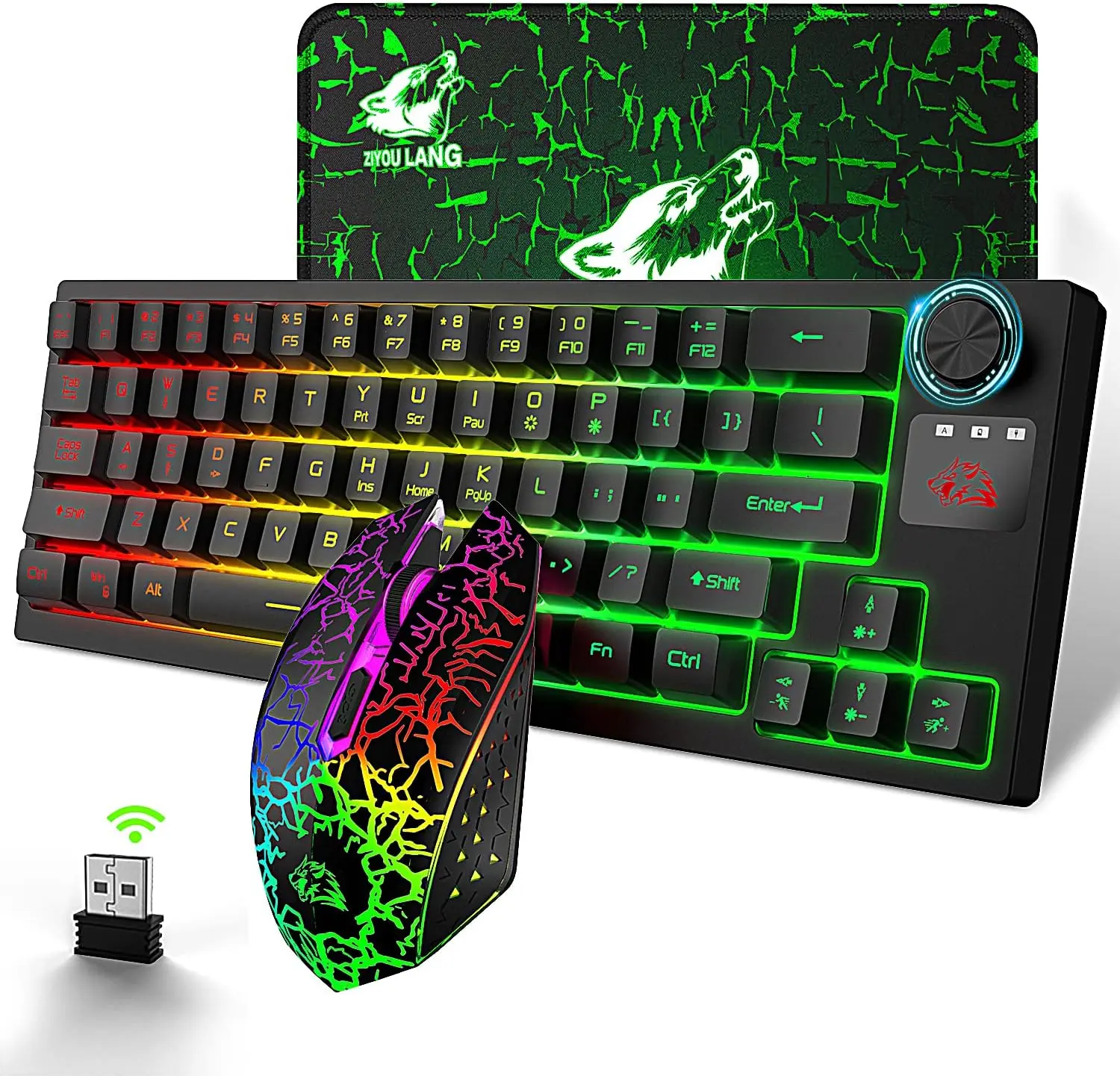 MAMBASNAKE x ZIYOU LANG Small Wireless Keyboard and Mouse Combo, Rechargeable RGB LED Backlit 64 Keys Compact