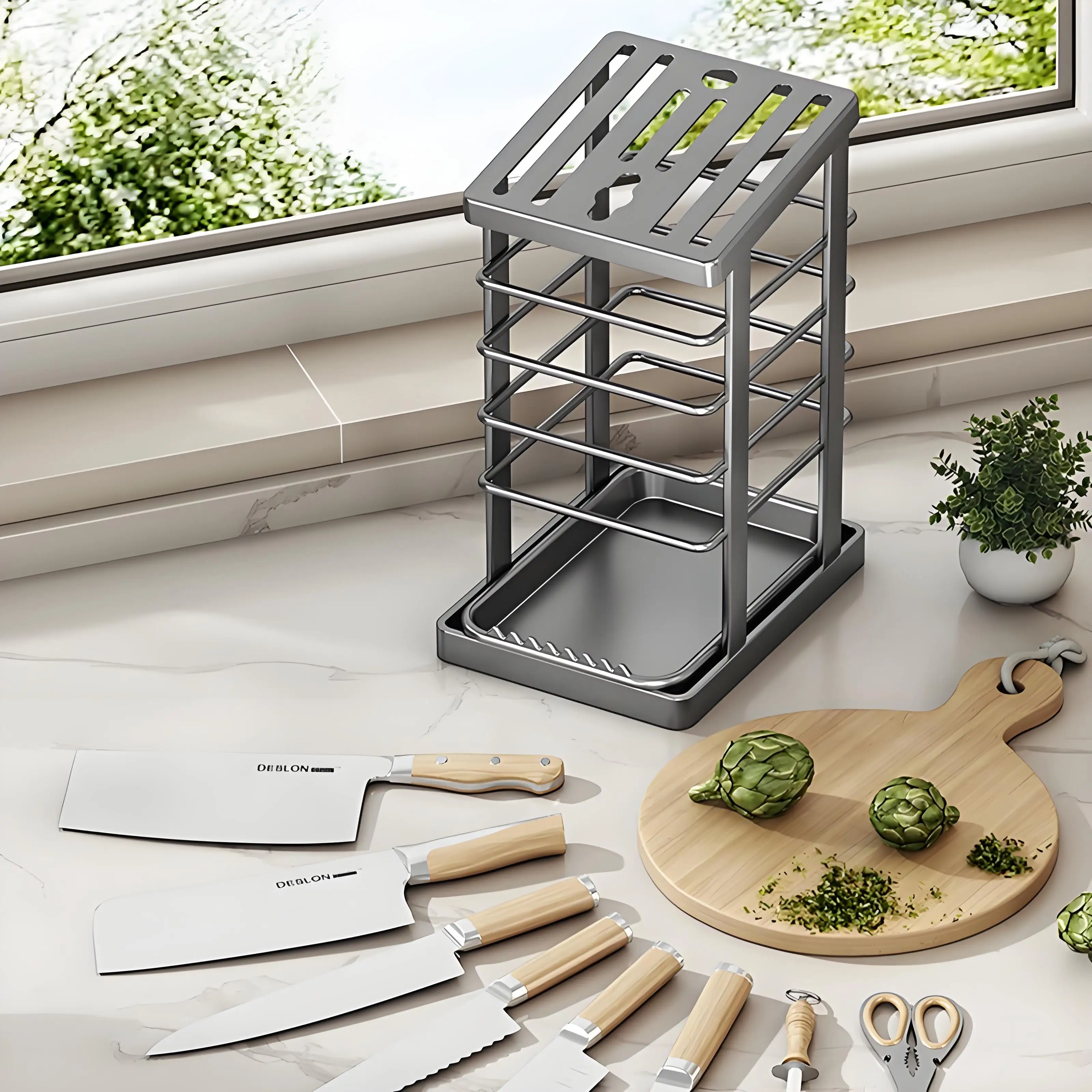 Stainless Steel Knife Holder with Tray – Large Chef Knife & Scissor Storage Rack - Image 3