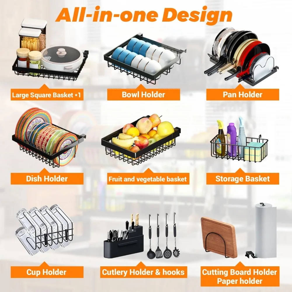 Over Sink Dish Drying Rack – Expandable 31–39.5L x 12W x 34–38H inches, Snap-On Design with Baskets & Utensil Holder - Image 6