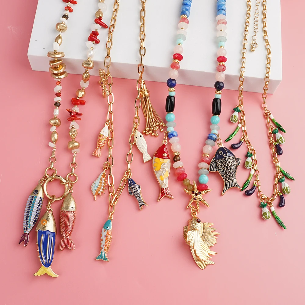 Bohemia Vintage Fish Pendant Necklace – Colorful Beads Clavicle Chain for Women