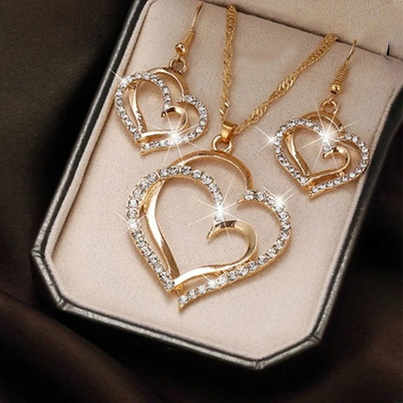 3pcs Heart-Shaped Jewelry Set Earrings Pendant Necklace Women Rhinestone Fashion Jewelry