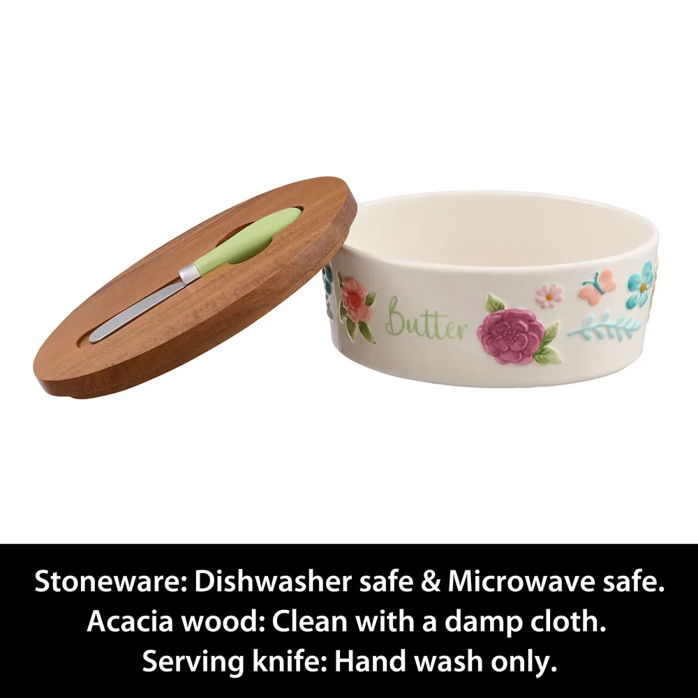 Painted Meadow Butter Dish Set - Acacia Wood Lid, Floral Embossed Stoneware with Knife - Image 4