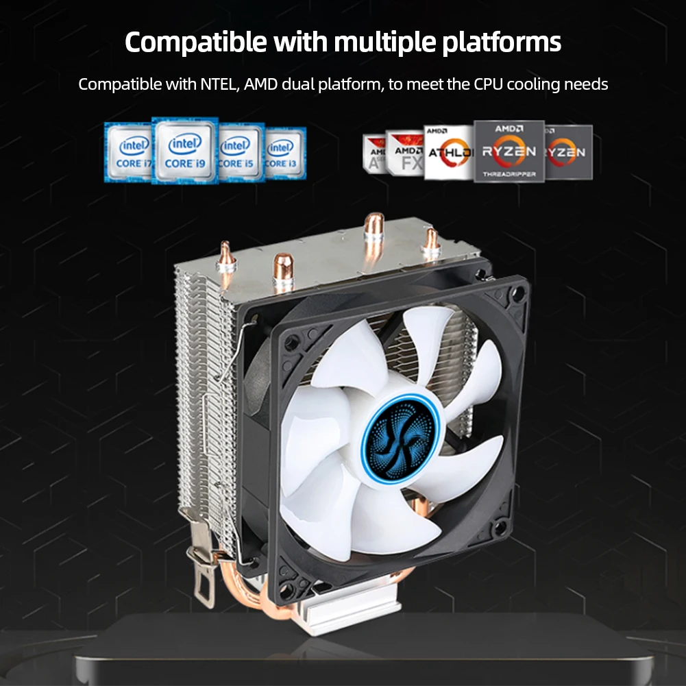 9cm RGB CPU Cooling Fan 2 Heat Pipes Hydraulic Bearings for Intel/AMD - Image 2