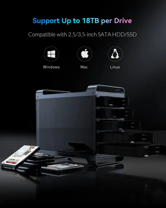 Yottamaster 5-Slot RAID External Hard Drive Enclosure, RGB Silent Fan, SATA HDD/SSD - Image 3