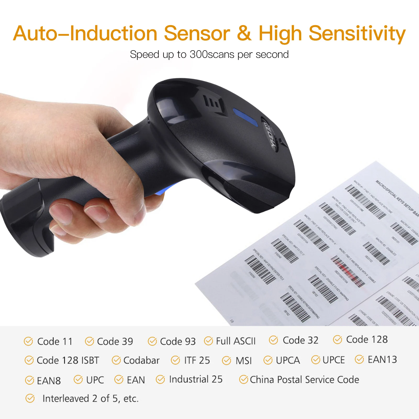 2.4G Wireless & USB Wired 1D Barcode Scanner, Rechargeable Handheld Reader