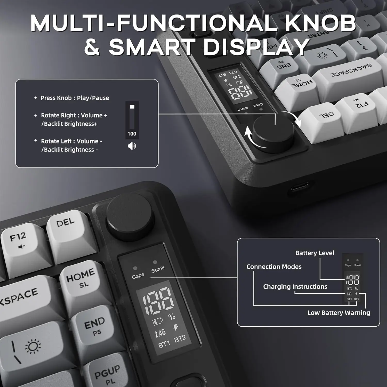 ATTACK SHARK M75 Wireless Membrane Gaming Keyboard with Knob&OLED Display Bluetooth/2.4Ghz Rainbow Backlit Gradient PBT Keycaps - Image 3