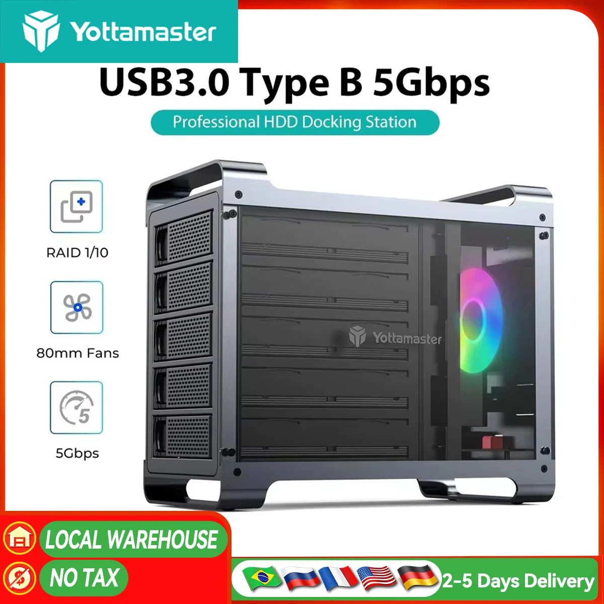 Yottamaster 5-Slot RAID External Hard Drive Enclosure, RGB Silent Fan, SATA HDD/SSD