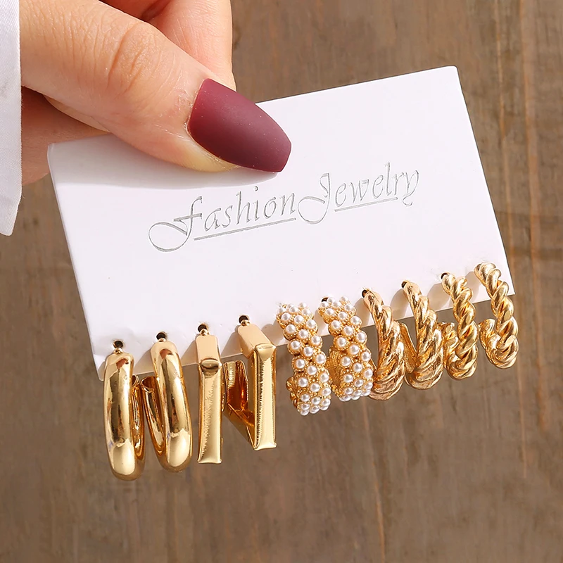 Vintage Gold Pearl Geometric Earrings Set – Heart, Square & Round Dangle Styles - Image 11
