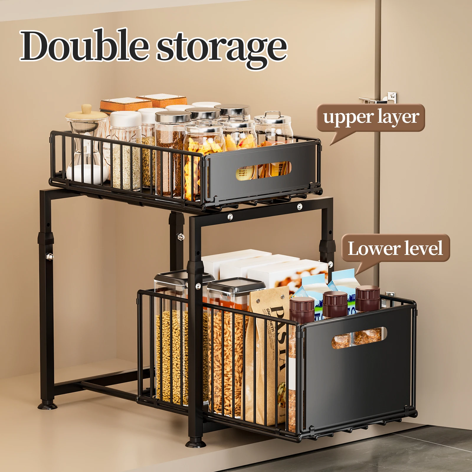 Under Sink Pull-Out Cabinet Organizer – Iron Kitchen Sink Storage Shelf & Countertop Organizer - Image 3