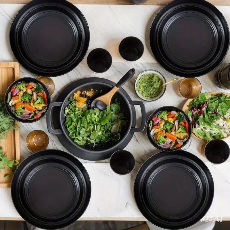Valentine's Day 16-Pack Wheat Straw Dinner Plates & Reusable Cutlery Set, Black - Image 4