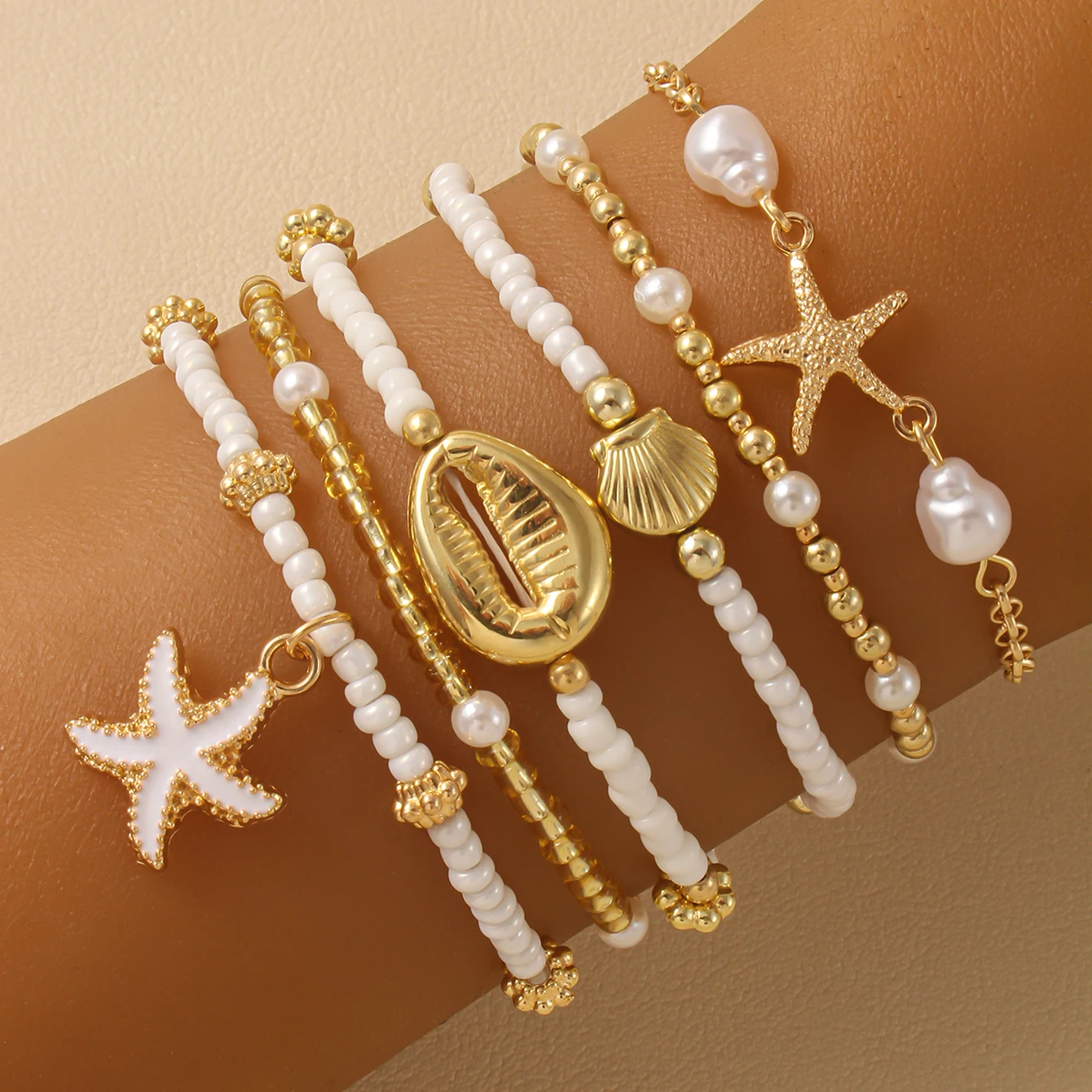Boho Starfish & Shell Bead Bracelet Set – 7-Piece Summer Beach Jewelry