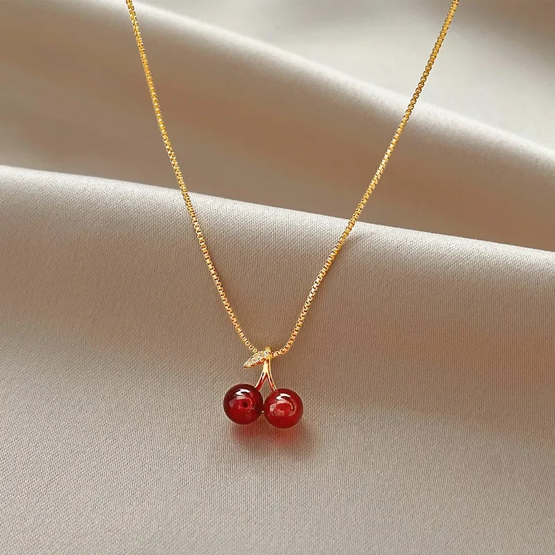 Wine Red Cherry Pendant Necklace – Golden Chain Jewelry Gift for Women