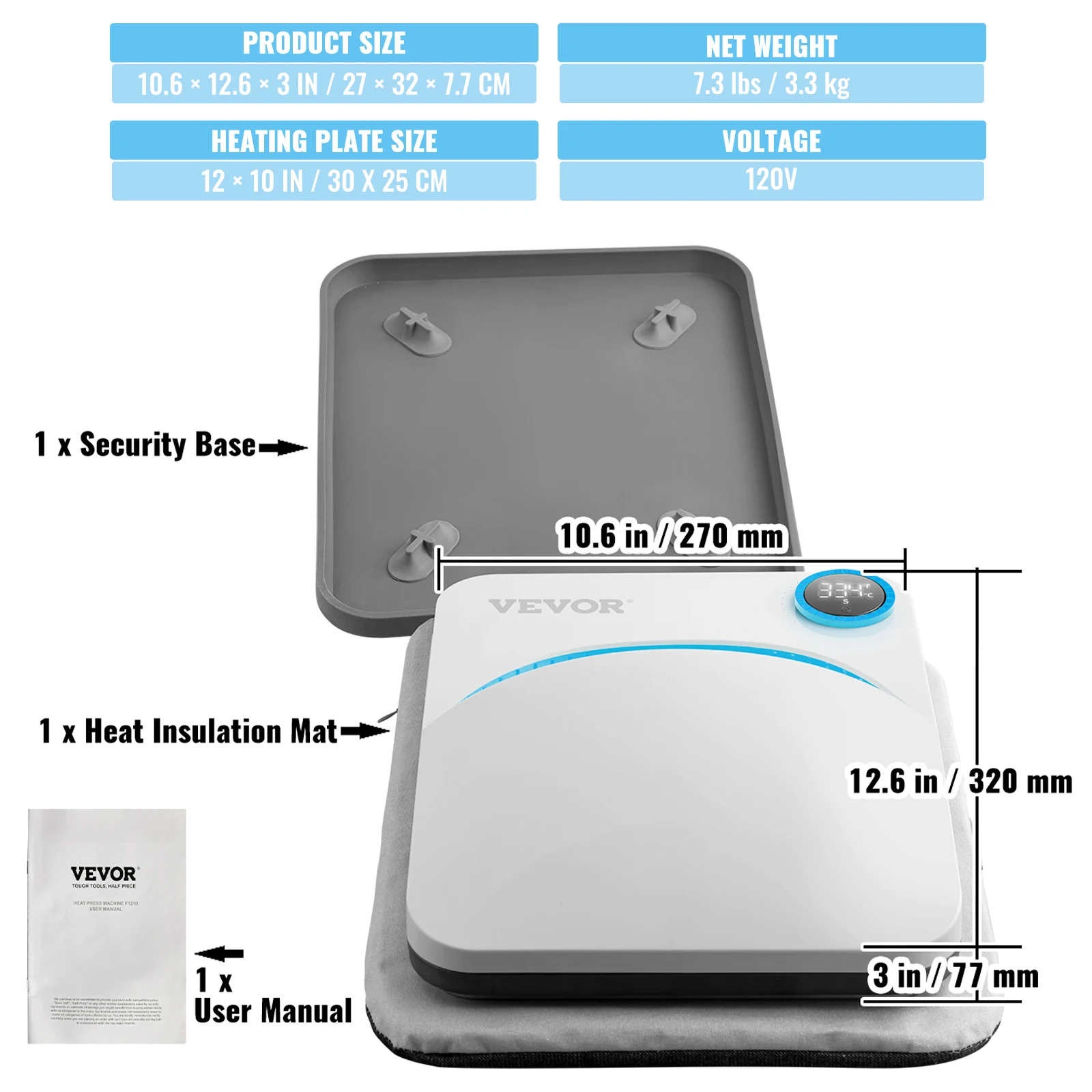 VEVOR 9x9/12x10 in Portable Heat Press Machine DIY Shirt Printing Multifunctional Sublimation Transfer for HTV Vinyl T-shirt Bag - Image 8