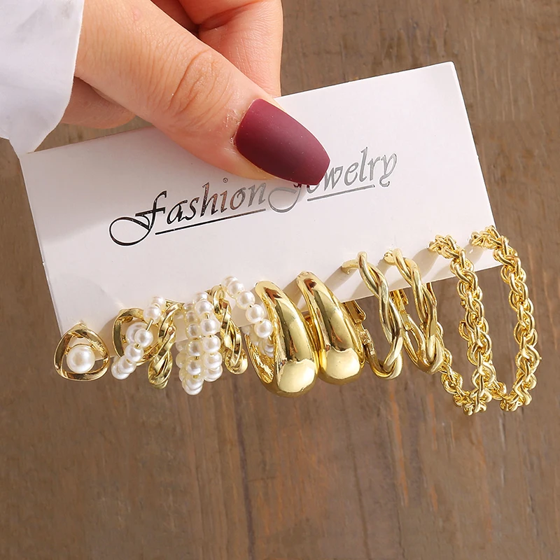 Vintage Gold Pearl Geometric Earrings Set – Heart, Square & Round Dangle Styles - Image 3