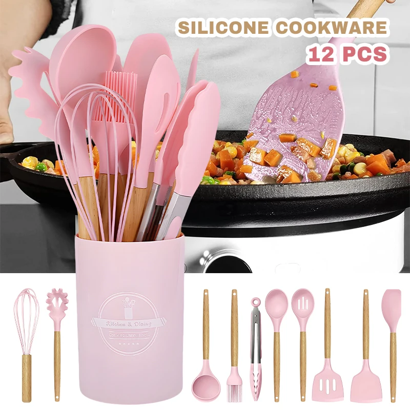 12PCS Silicone Cookware Set - Non-Stick Utensils with Wooden Handles for Cooking