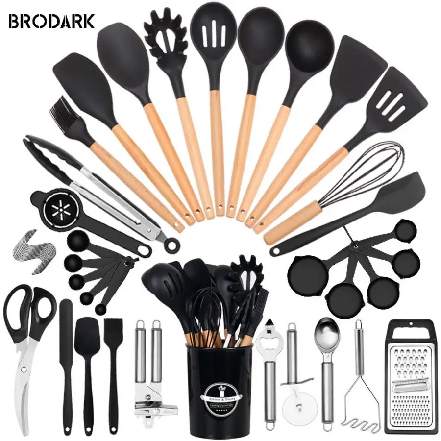 44-Piece Premium Silicone Kitchen Utensil Set - Heat-Resistant, Non-Stick with Wooden Handles & Knife