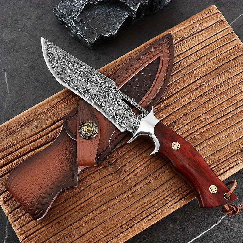 Handmade Large Damascus Fixed Blade Knife – Forged with Wooden Handle & Leather Sheath - Image 3