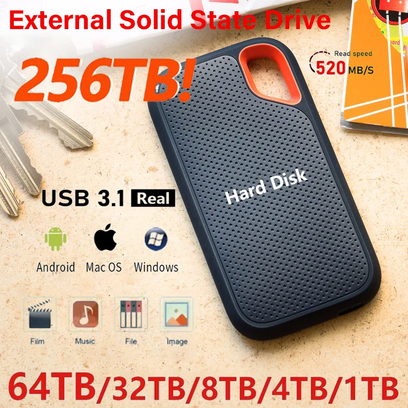128TB Portable SSD High-Speed External Drive USB 3.1 Type-C for Laptop/Mac