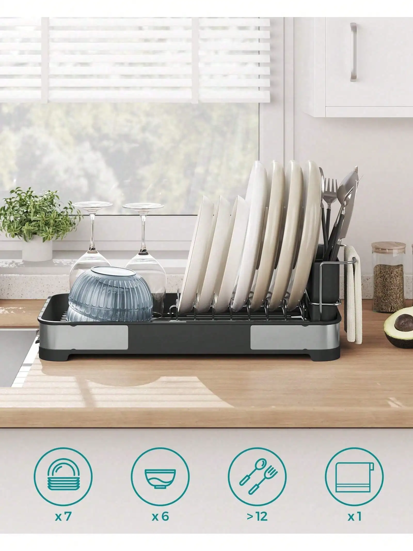 SONGMICS Compact Stainless Steel Dish Rack – Rustproof, Drain Spout, Utensil Holder - Image 5