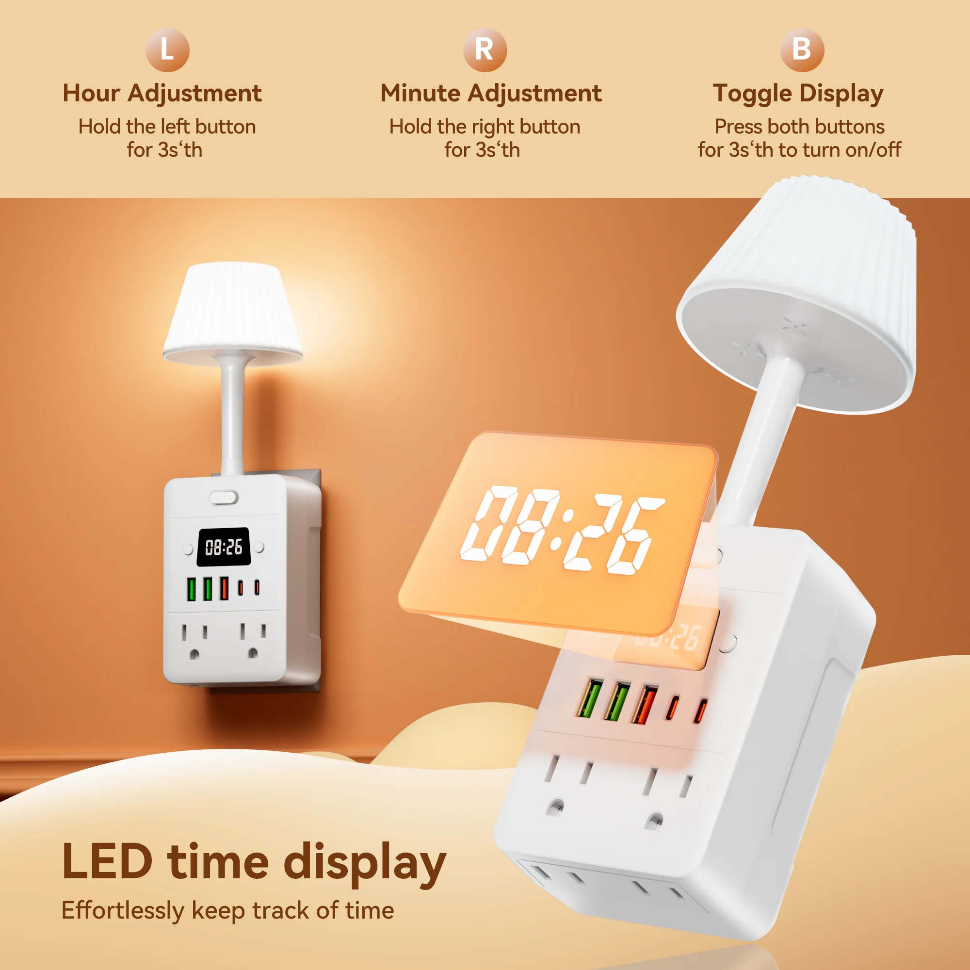 Power Strip with Digital Clock, 4 AC Outlets, 3 USB & 2 Type-C Ports