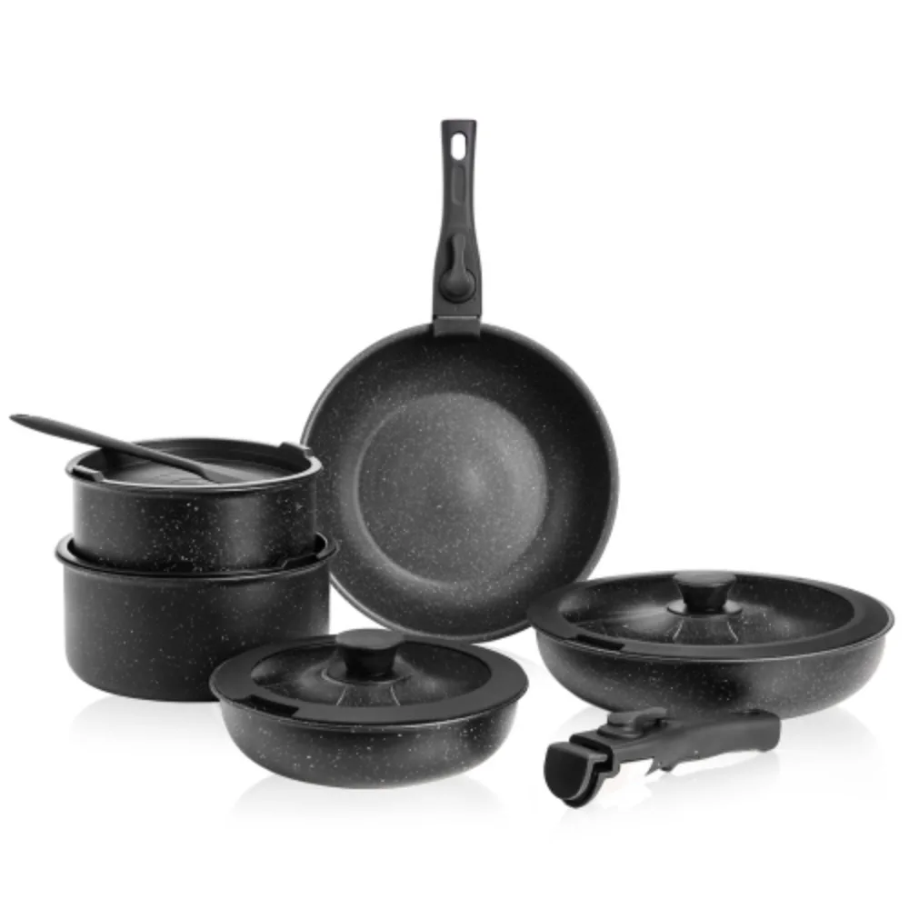 12-Piece Nonstick Cookware Set with Spatula & Detachable Handles – Black Kitchen Pots & Pans