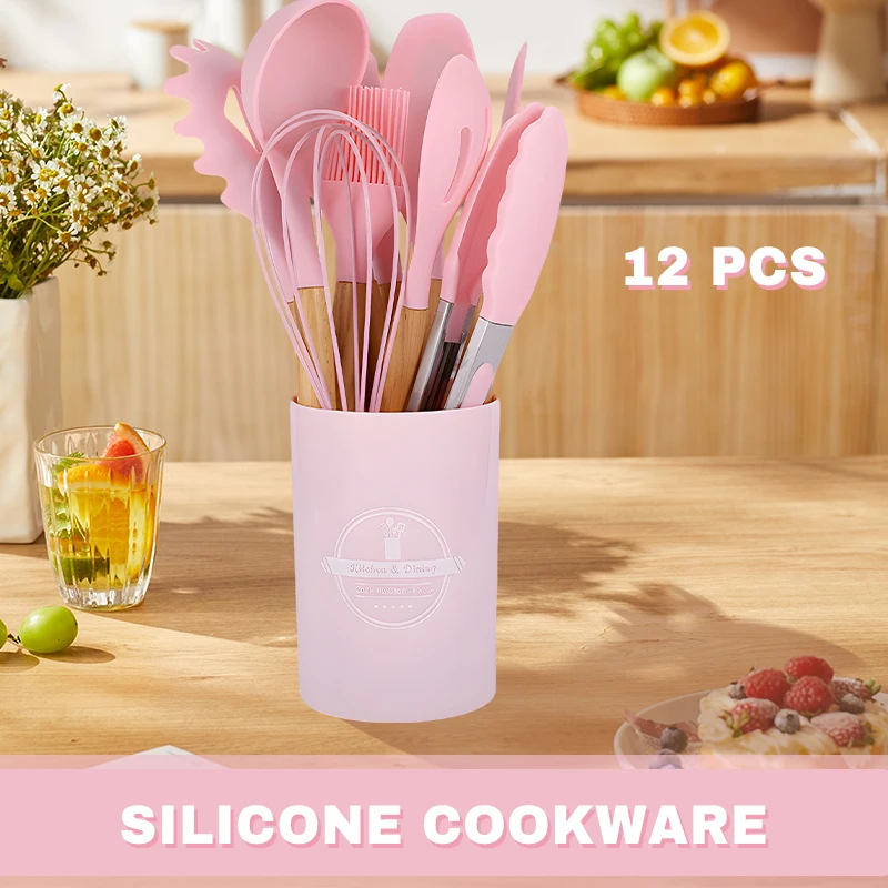 12PCS Silicone Cookware Set - Non-Stick Utensils with Wooden Handles for Cooking - Image 4