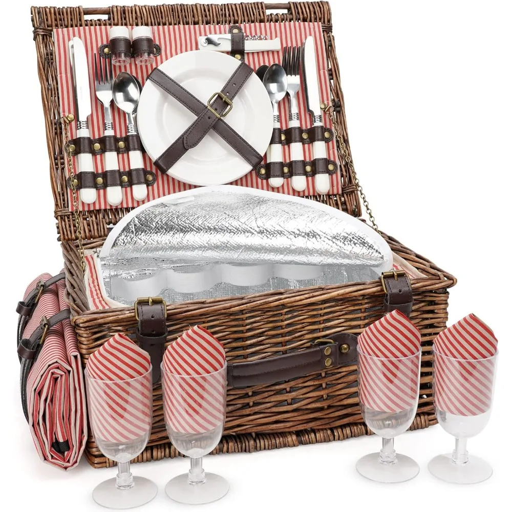 Picnic Basket Set for 4 - Wicker with Cooler & Waterproof Blanket, Classic Design