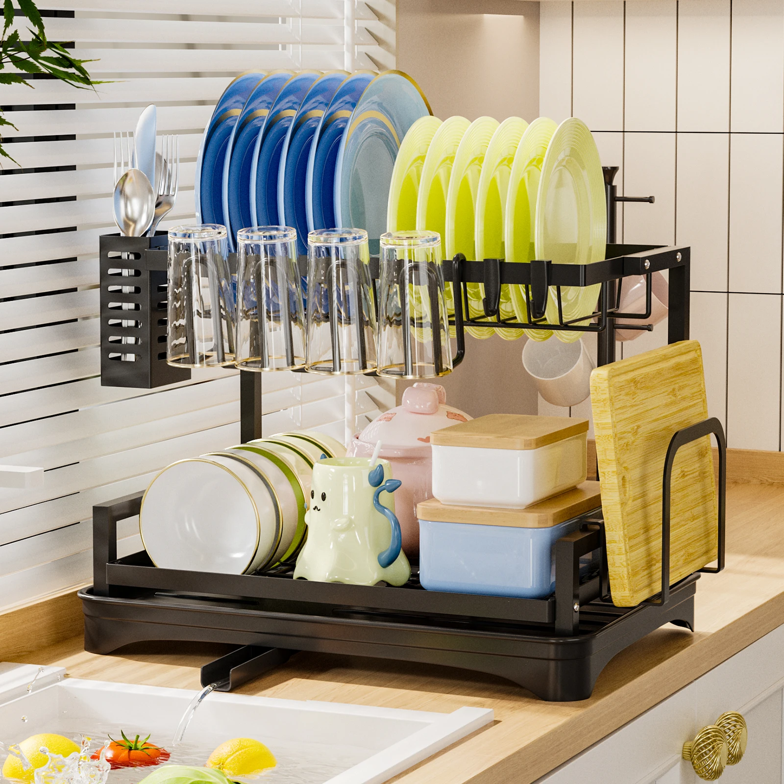 2-Tier Dish Drying Rack with Drainboard & Utensil Holder – Large Kitchen Counter Organizer