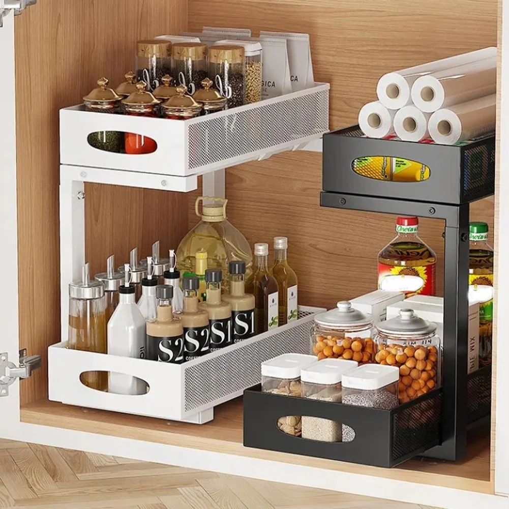 2-Tier Adjustable Under Sink Organizer with Sliding Drawer – Kitchen & Bathroom Storage Solution