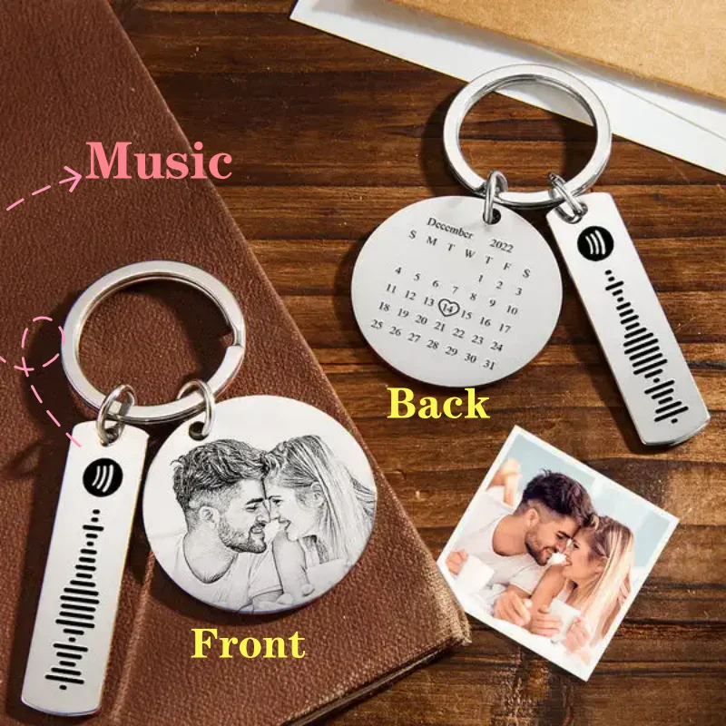 Custom 3 cm Stainless Steel Spotify Code & Photo Calendar Keychain – Personalized Gift