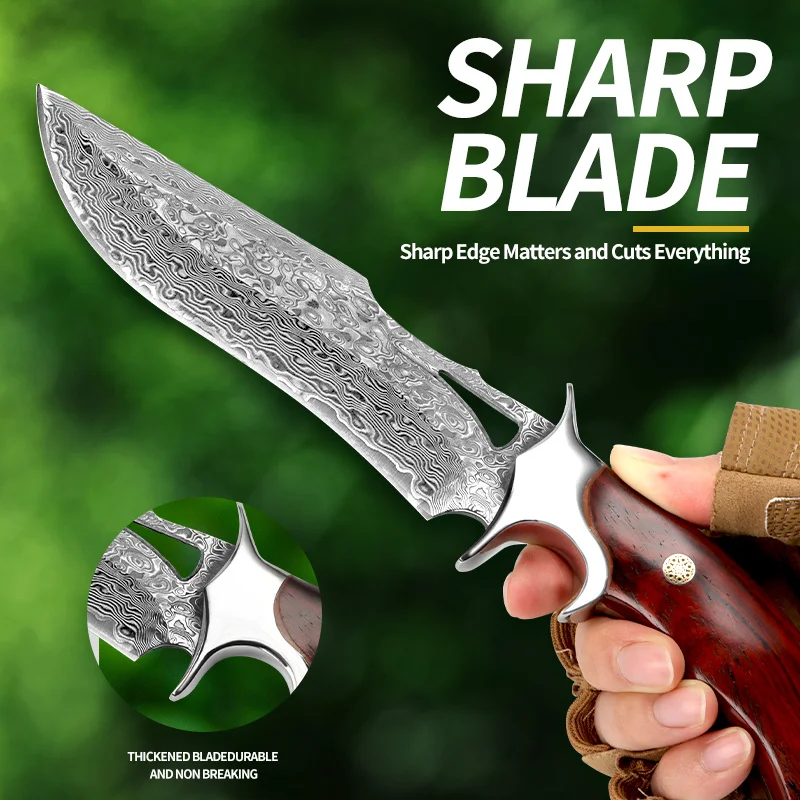 Handmade Large Damascus Fixed Blade Knife – Forged with Wooden Handle & Leather Sheath - Image 4