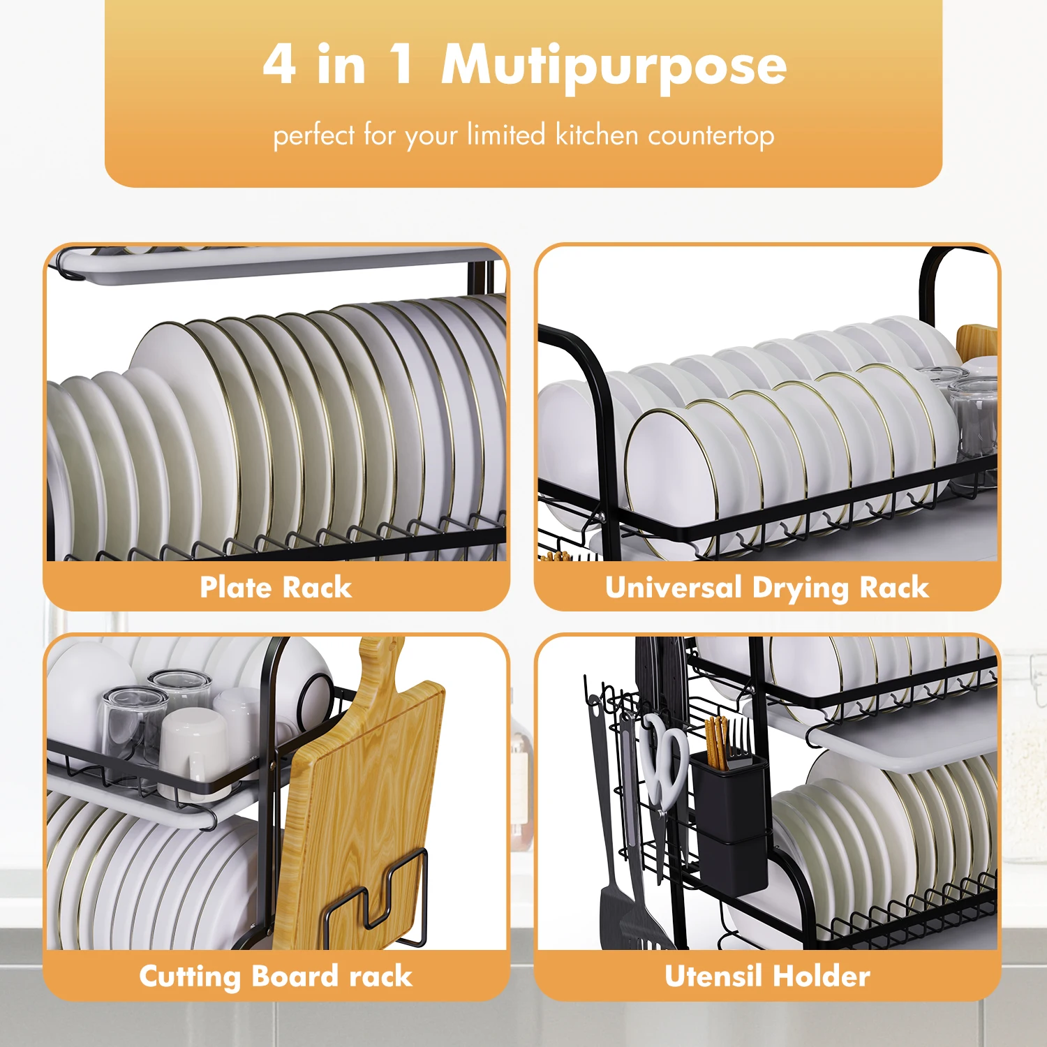 Compact 2‑Tier Dish Drying Rack with Drainboard & Utensil Holder - Image 6
