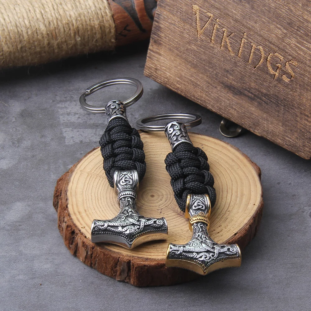 Thor's Hammer Pendant with Rune Beads Keychain in Wooden Gift Box - Image 3