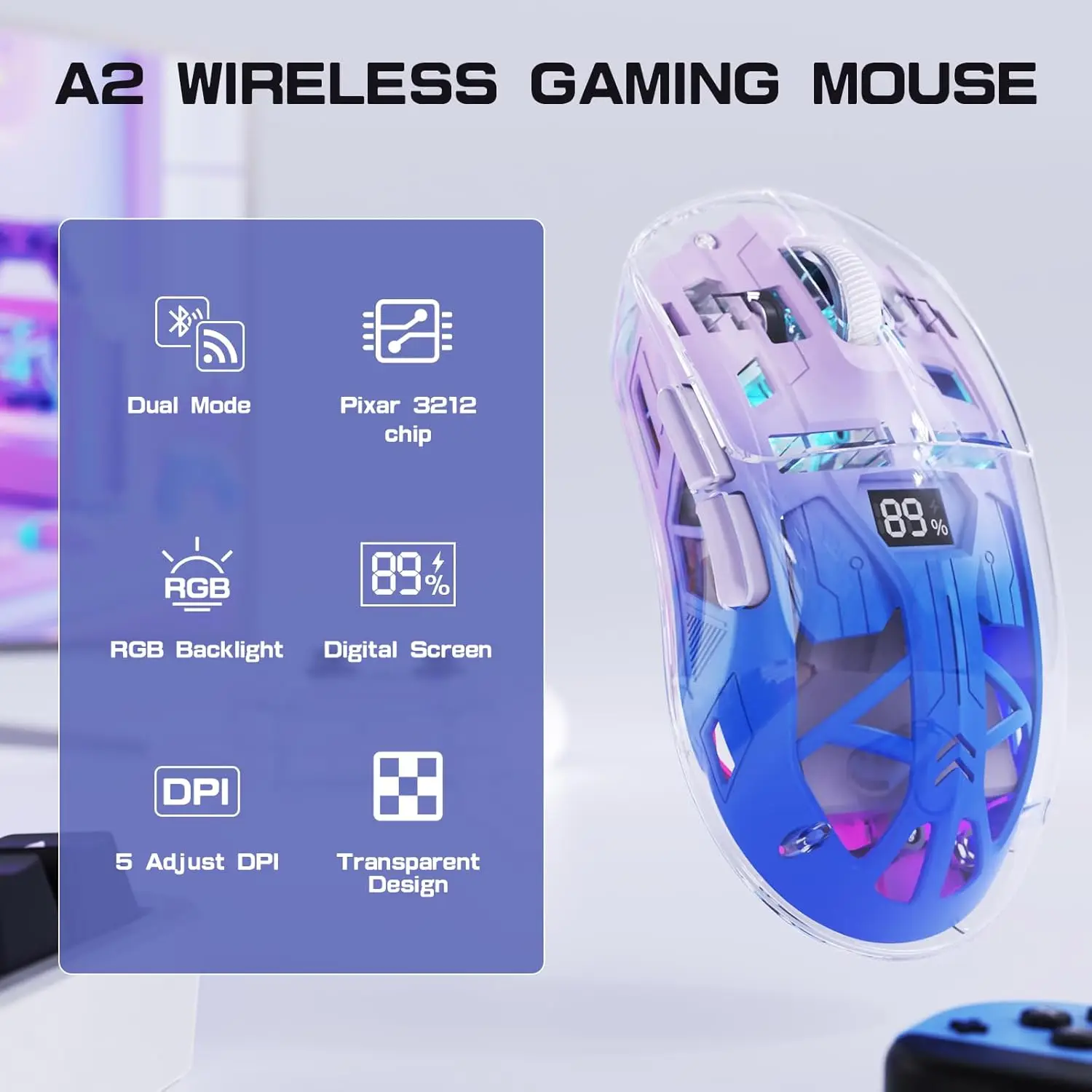 A2 Transparent Wireless Gaming Mouse, BT 5.0, RGB, 5 DPI, PixArt 3212
