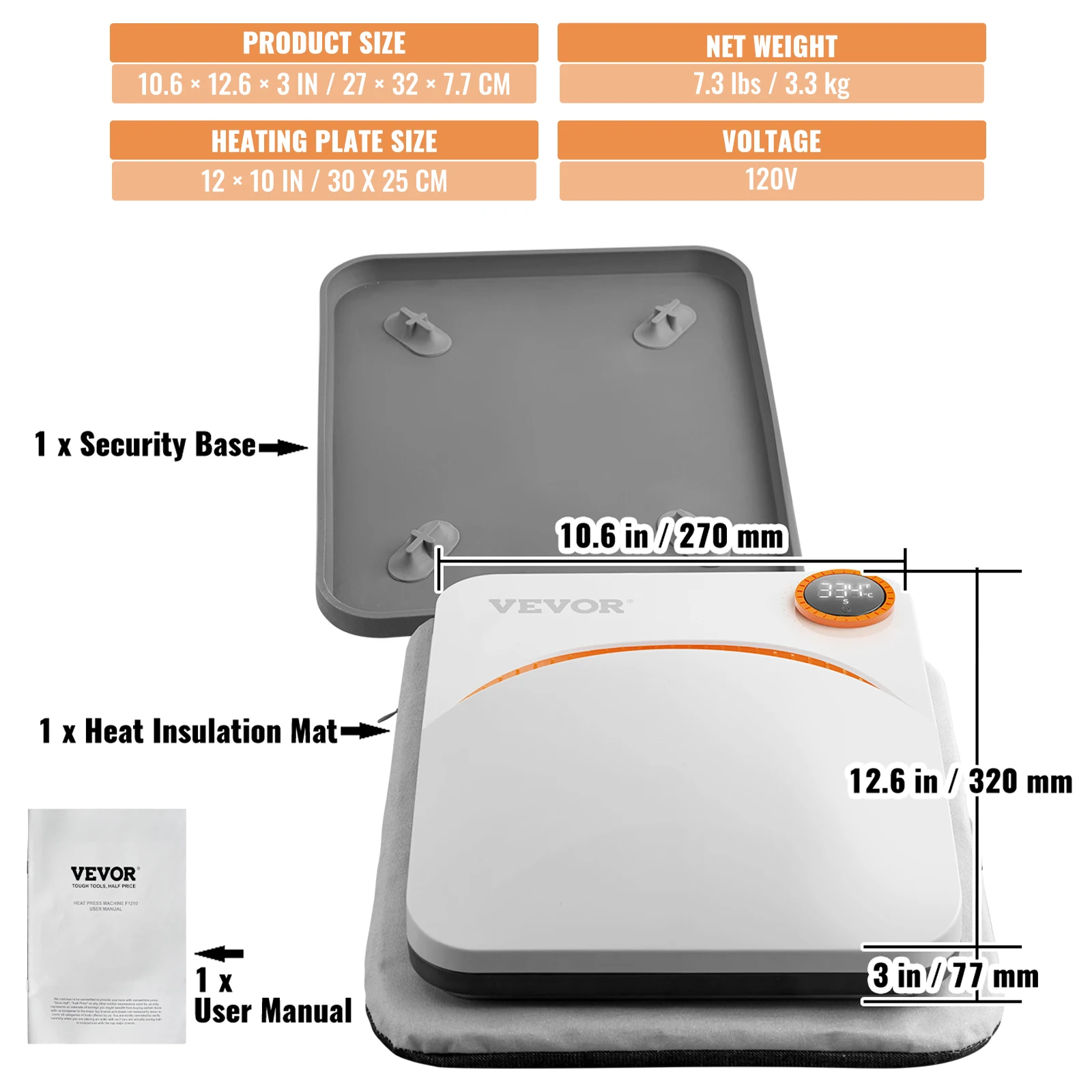 VEVOR 9x9/12x10 in Portable Heat Press Machine DIY Shirt Printing Multifunctional Sublimation Transfer for HTV Vinyl T-shirt Bag - Image 7