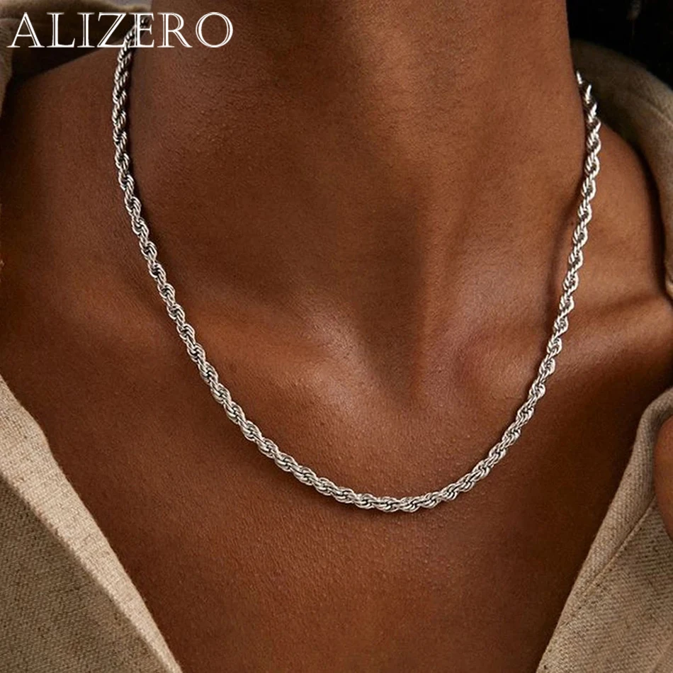 ALIZERO 4mm 925 Sterling Silver Rope Chain Necklace – Unisex Hip Hop Jewelry