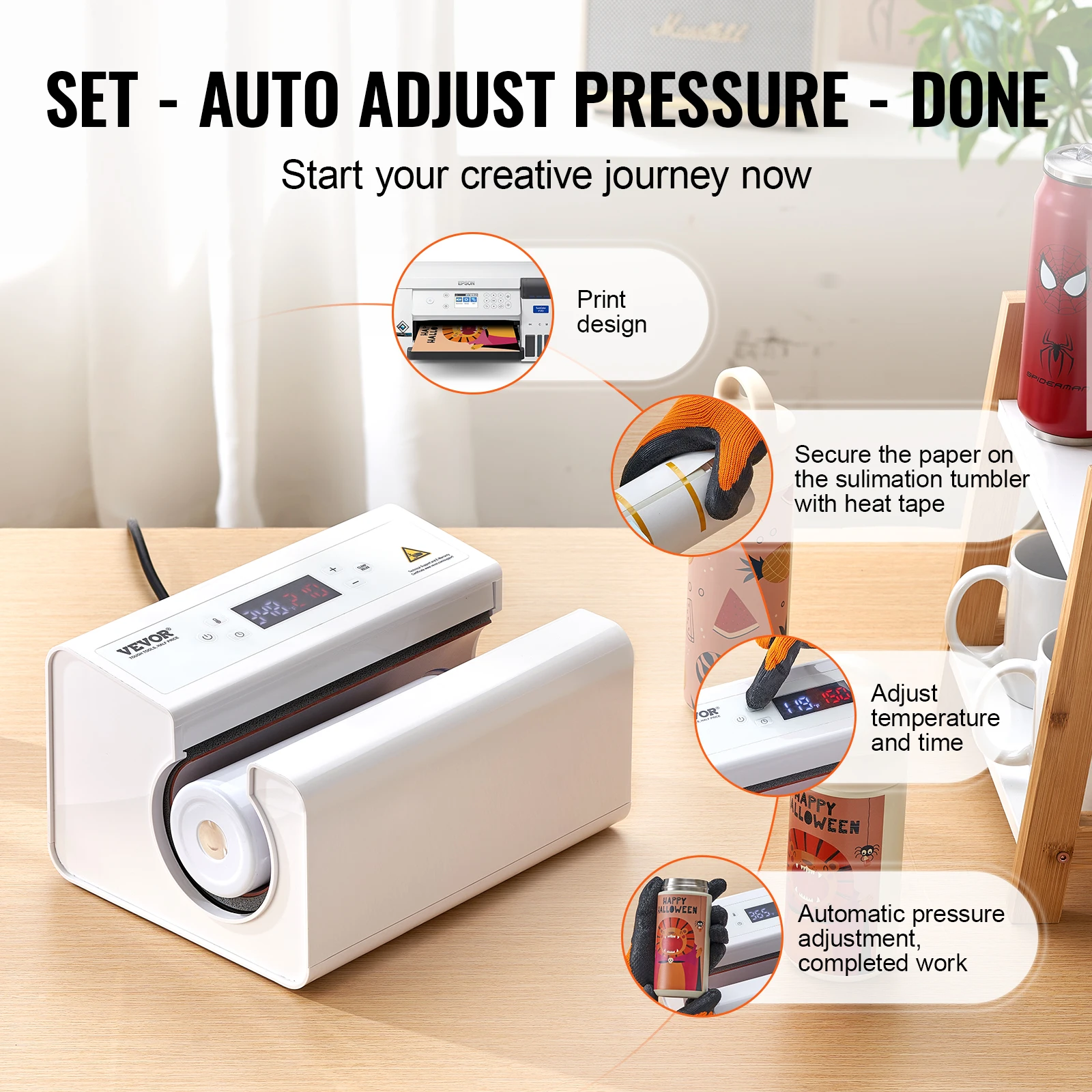 VEVOR Auto Tumbler Heat Press Machine Mug Heat Press for 11-30oz Sublimation Tumblers Heat Up Fast Even Tumbler Press with Tape - Image 5