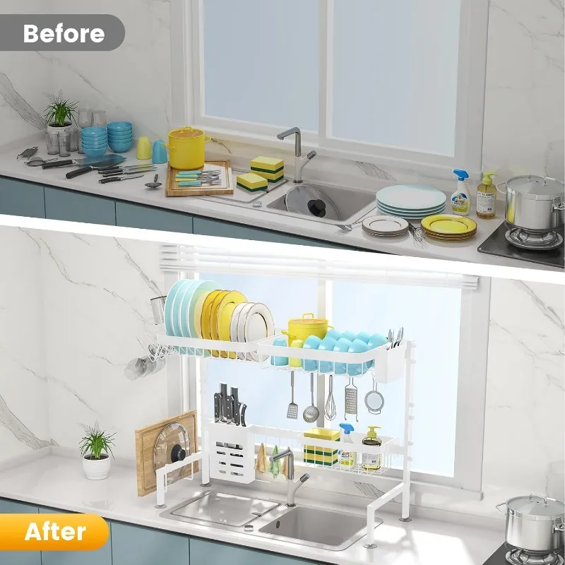 Over Sink Dish Drying Rack – Adjustable 25–33in, 2-Tier with Baskets & Utensil Holder - Image 3