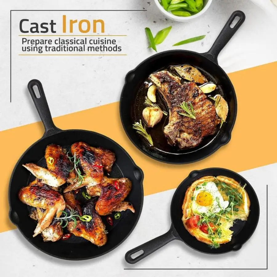 Pre‑Seasoned 3‑Piece Cast Iron Skillet Set – 6″, 8″ & 10″ Frying Pans - Image 5