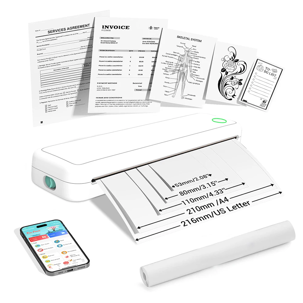 Wireless Mobile Travel Printer Inkless Bluetooth Document Printing for Home & Work