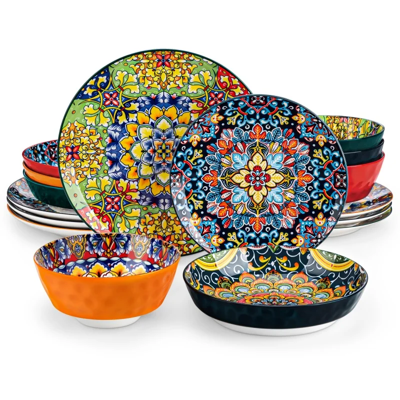 Malacasa Bohemia Retro Ceramic Dinnerware Set - Non-Toxic, Vibrant Colors, 12/16/24 Pieces