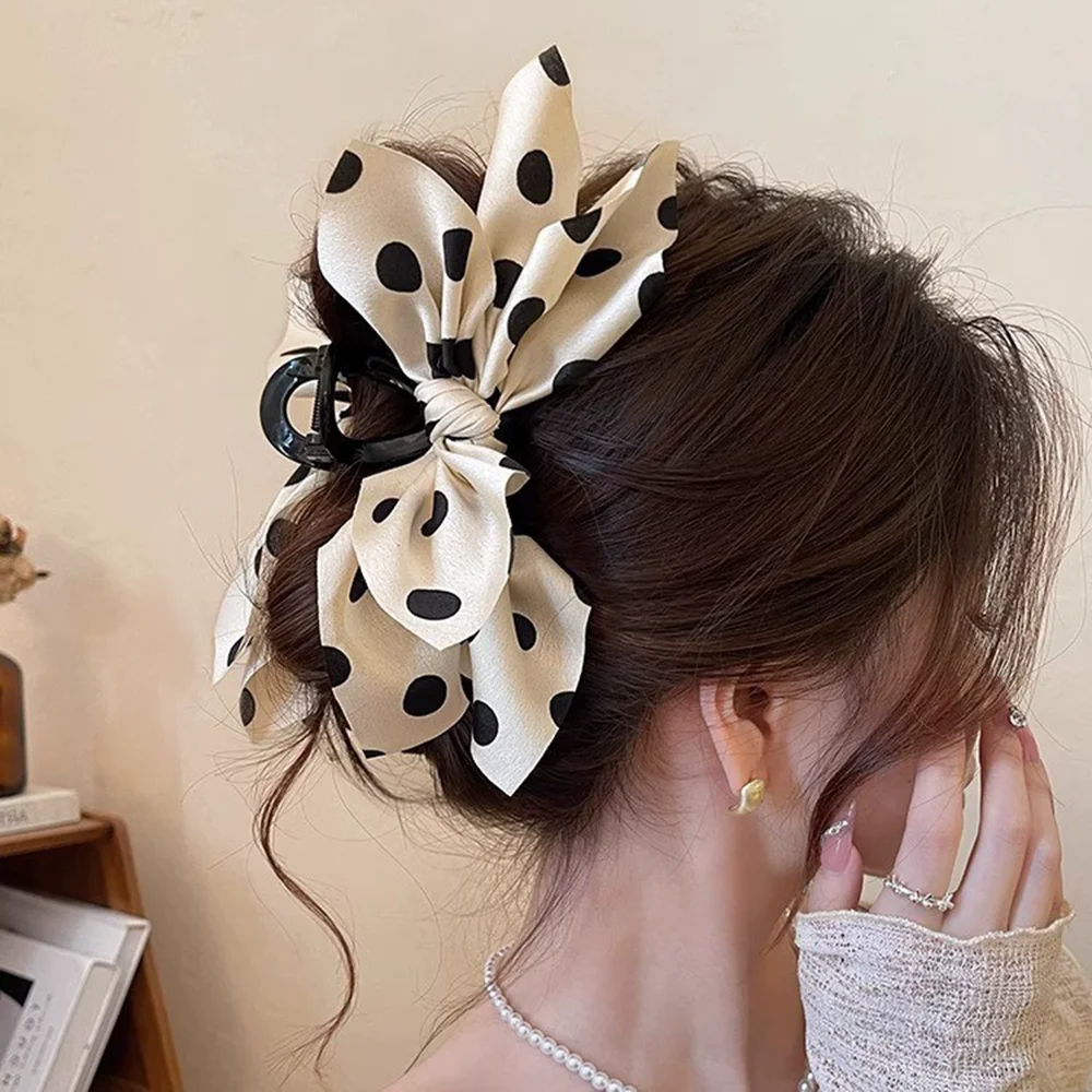 French Polka Dot Bow Hair Claw – Retro Style Hair Clip for Women