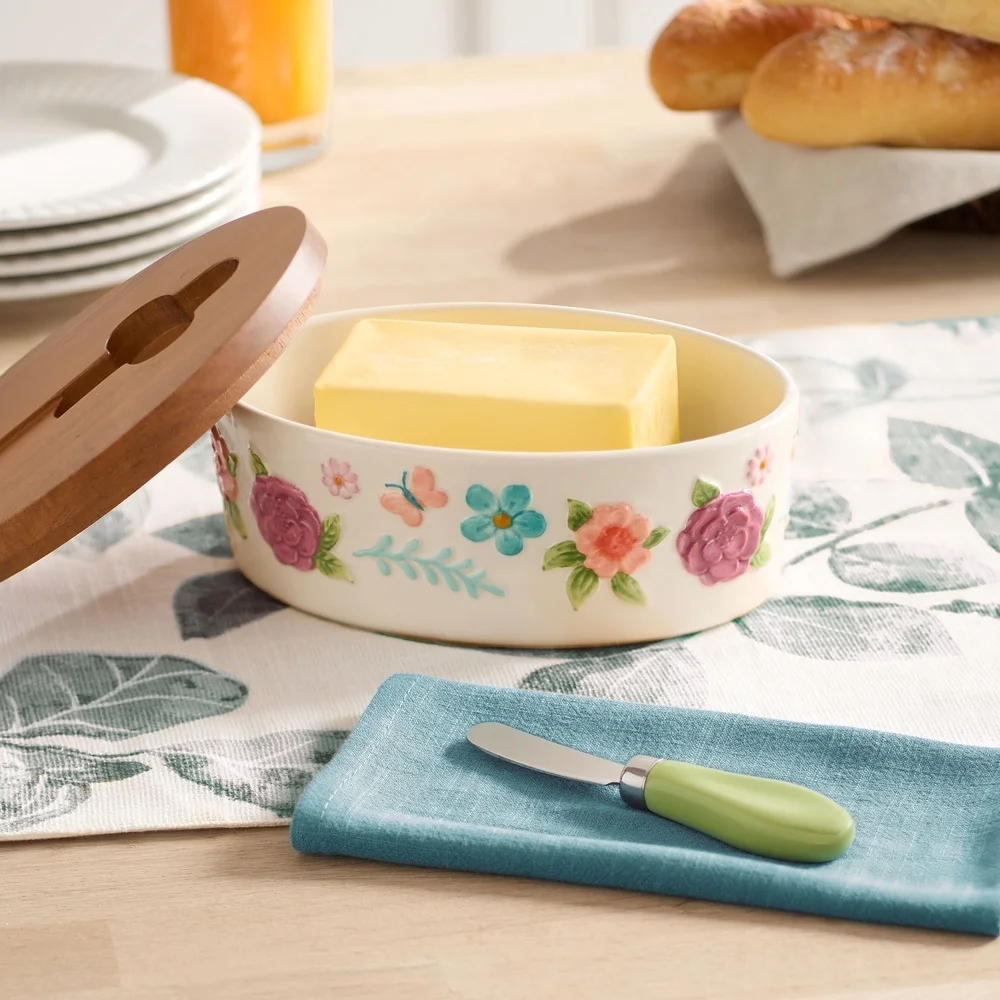 Painted Meadow Butter Dish Set - Acacia Wood Lid, Floral Embossed Stoneware with Knife - Image 5