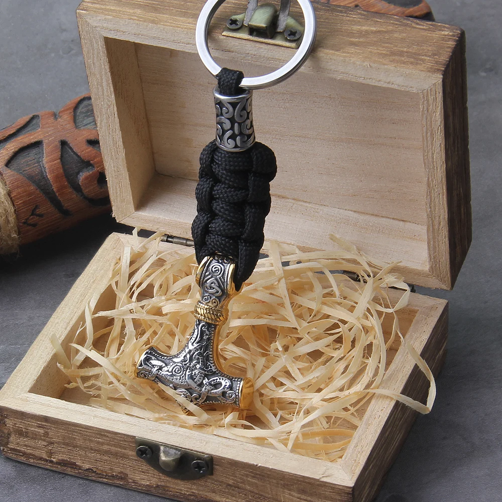 Thor's Hammer Pendant with Rune Beads Keychain in Wooden Gift Box - Image 8