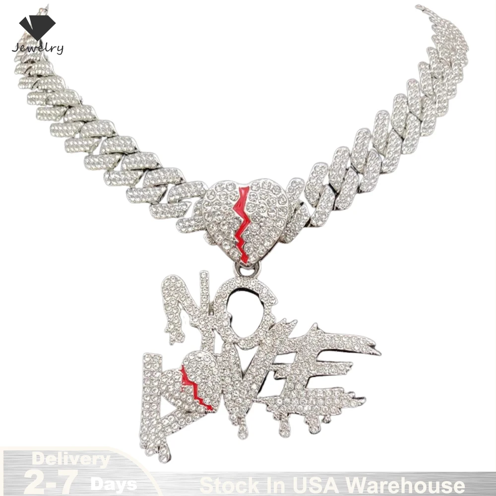 Hip Hop Iced Out Bling Crystal Cuban Chain No Love Heart Broke Pendant Necklace Men Women Jewelry