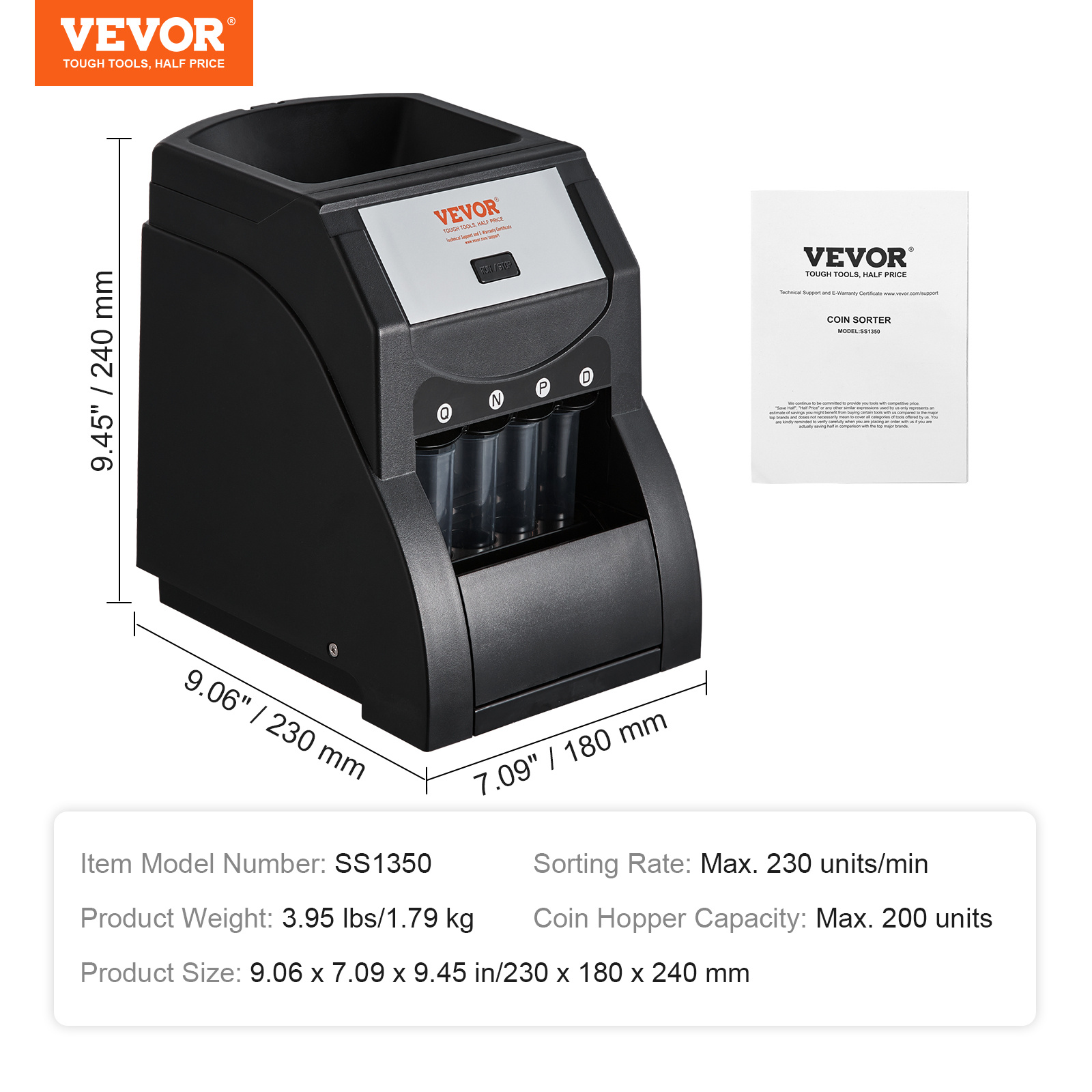 USD Coin Sorter Machine – Sorts 230 Coins/Min, 4 Tubes, 200‑Coin Capacity - Image 2